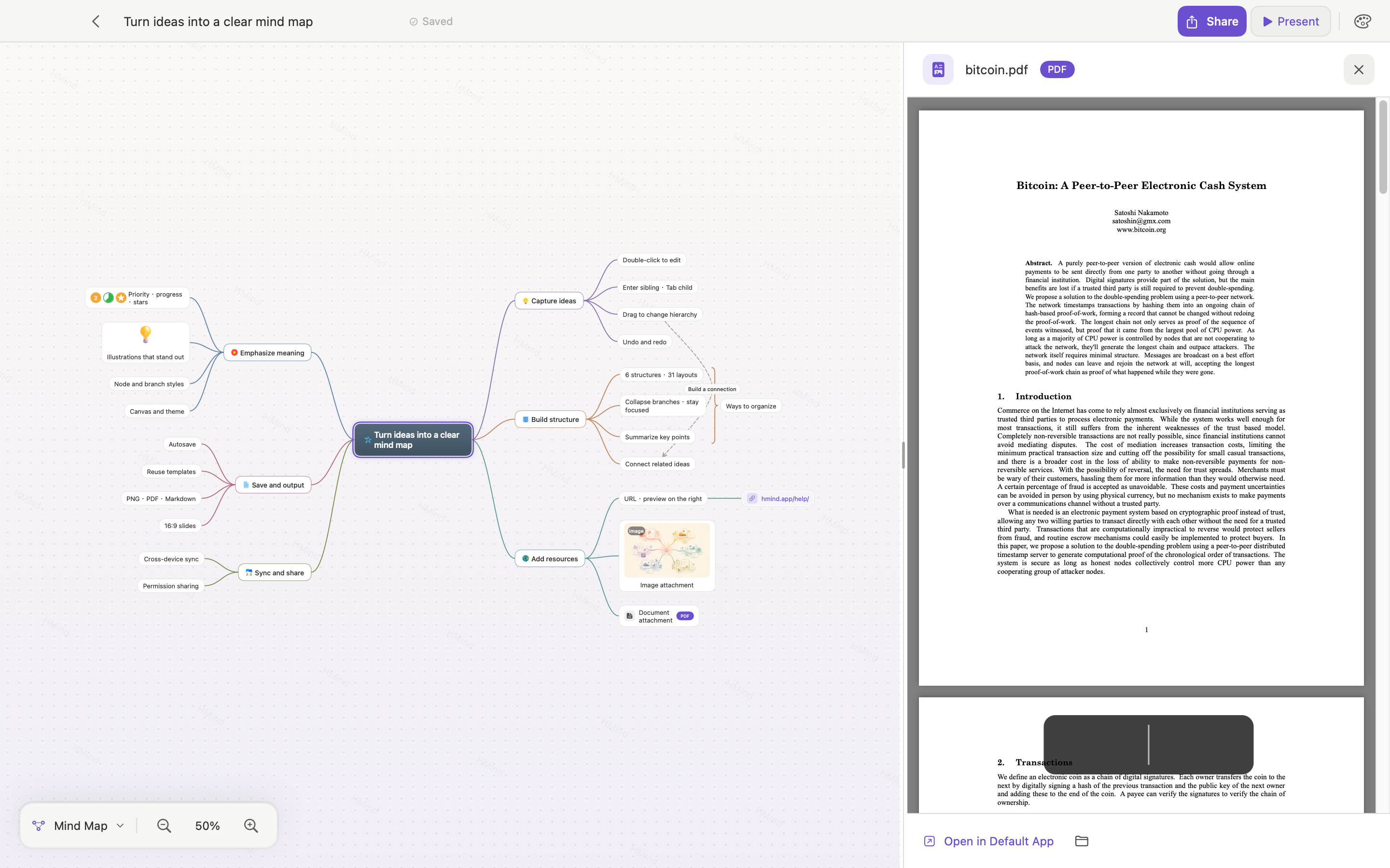 Current HMind macOS editor previewing a source document beside its supporting map
