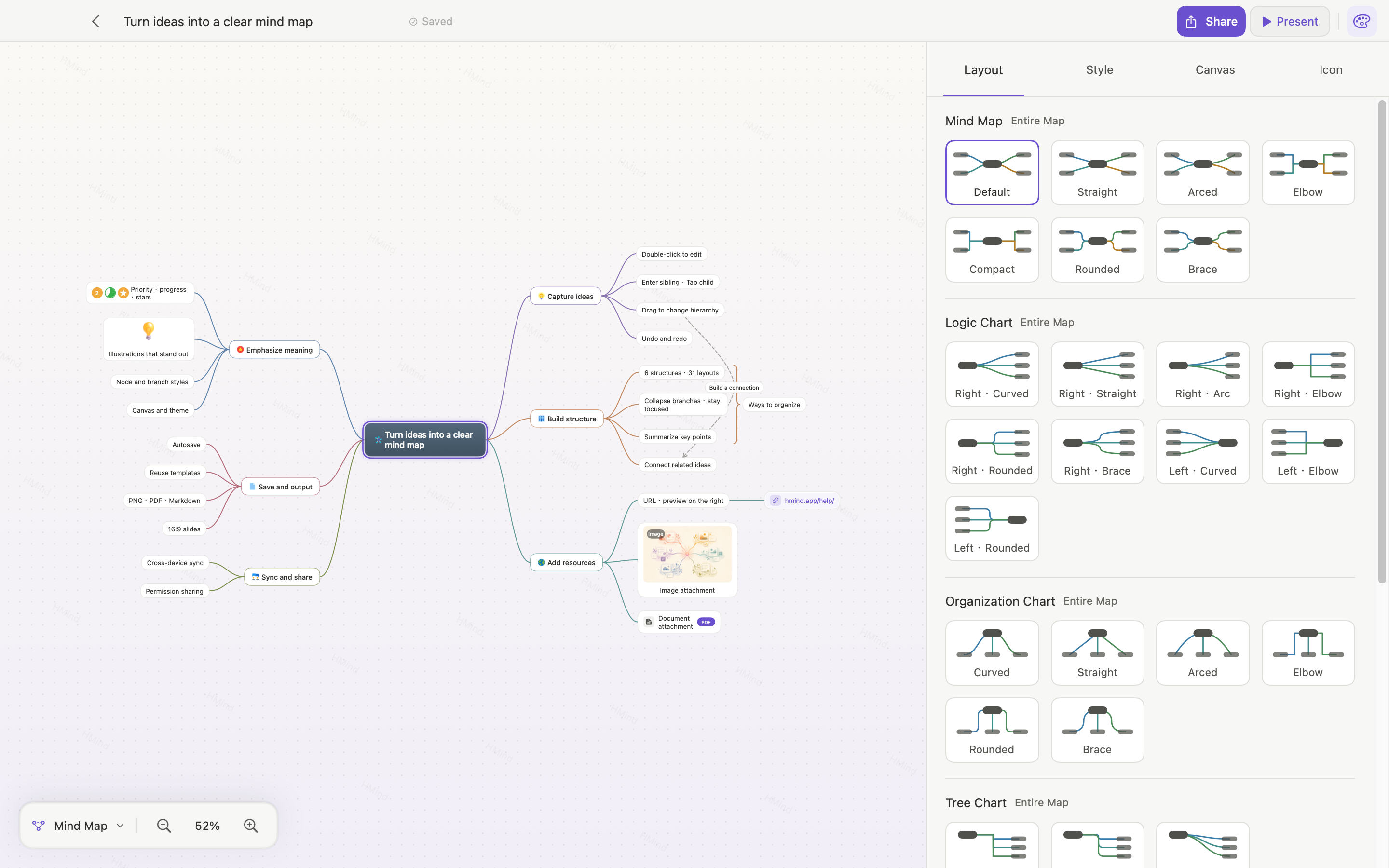 Current HMind macOS layout inspector showing the real layout preset gallery