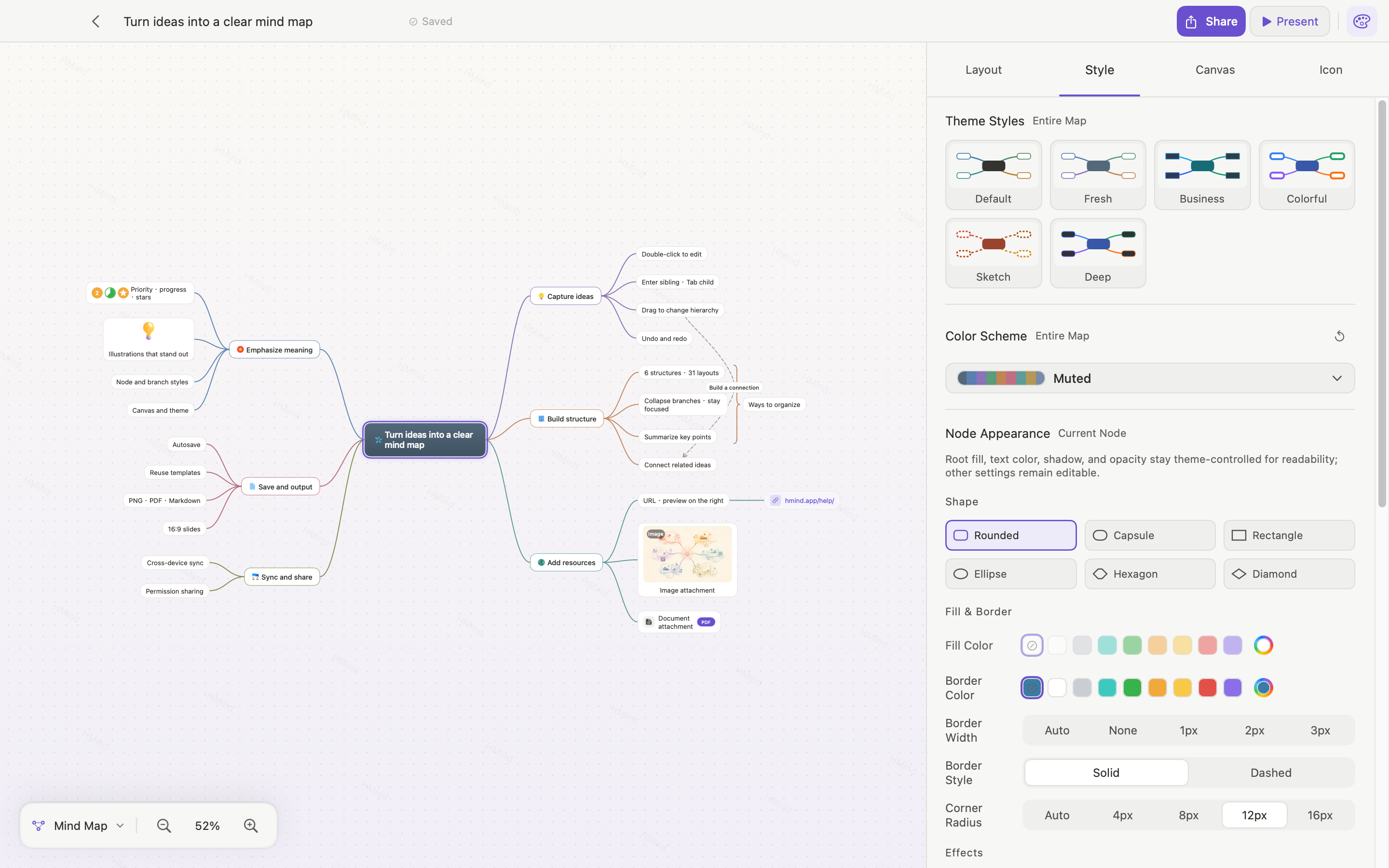 Current HMind macOS style inspector editing node appearance and colors